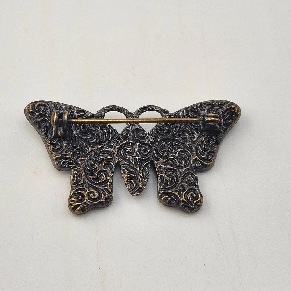 1928 Butterfly Brooch Pin with Rhinestones‎ Bronze Tone Colorful Accent Jewelry